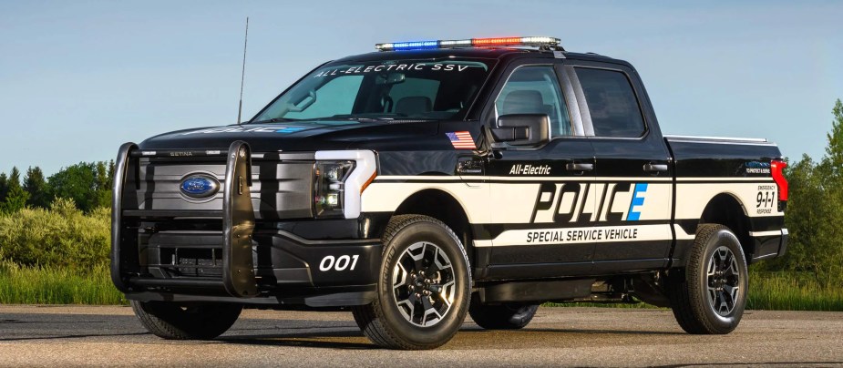 A Ford EV police truck sits on display.