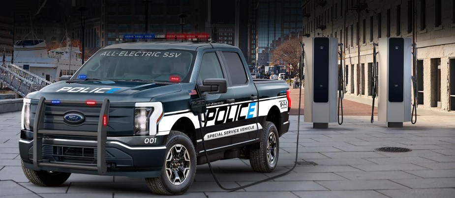A 2022 Ford F-150 Lightning Pro SSV shows off an EV police truck.