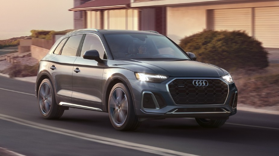 Front angle view of gray 2023 Audi Q5, highlighting its release date and price