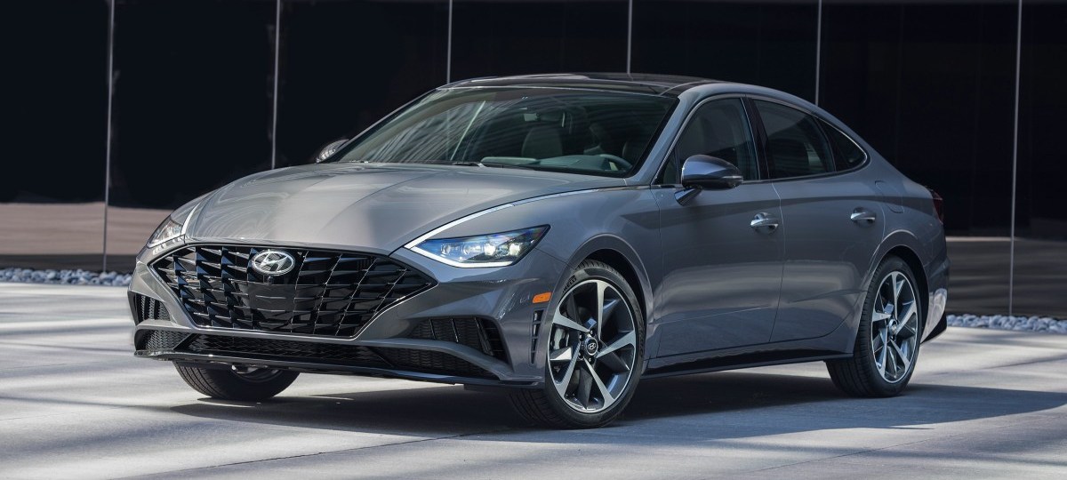 Front angle view of gray 2023 Hyundai Sonata midsize sedan, highlighting its release date and price
