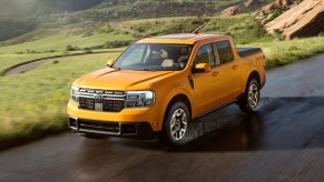 Front angle view of orange 2023 Ford Maverick pickup truck