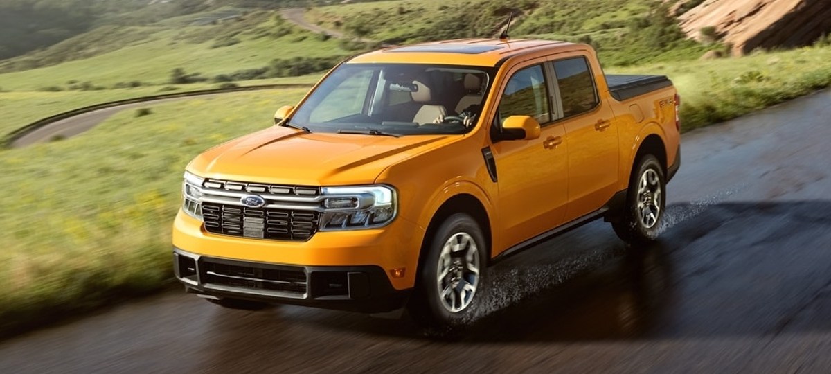 Front angle view of orange 2023 Ford Maverick pickup truck