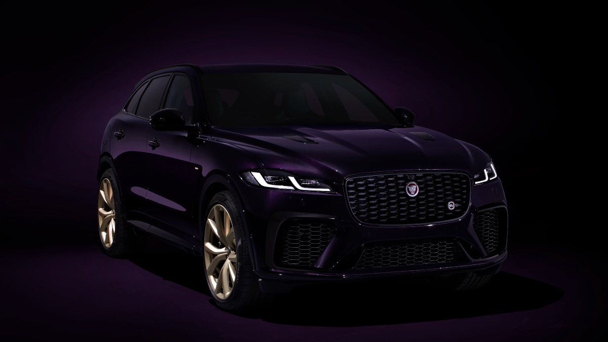 Front angle view of purple 2023 Jaguar F-PACE SVR Edition 1988 luxury SUV, highlighting its release date and price