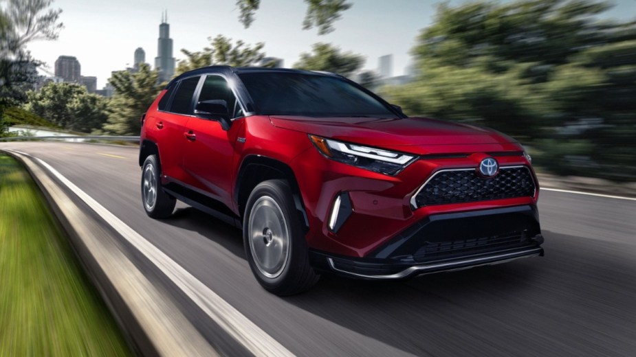Front angle view of red 2022 Toyota RAV4 Prime, the second-best Toyota Hybrid to save money on gas