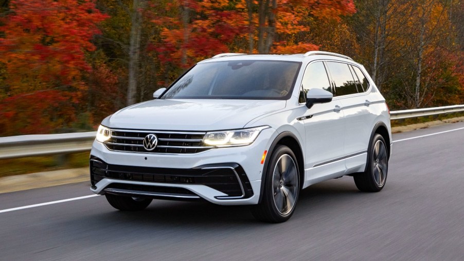 Front angle view of white 2023 Volkswagen Tiguan crossover SUV, highlighting its release date and price