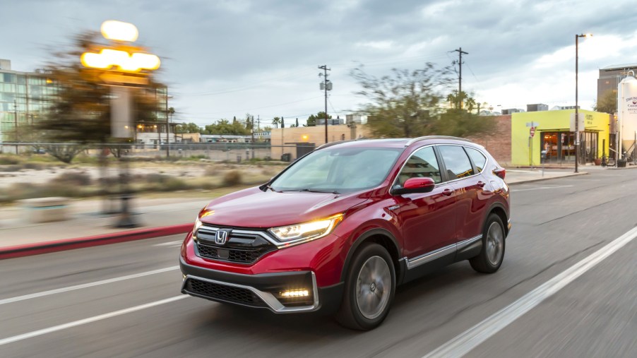 This red Honda CR-V is a fuel-efficient hybrid SUV for 2022