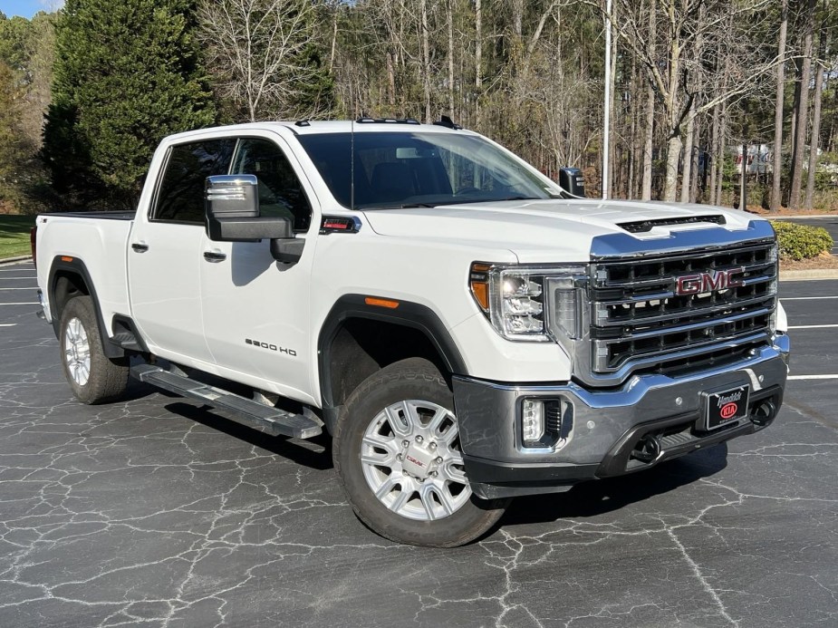 This white GMC Sierra HD SLT is the 2500 model in the crew cab build