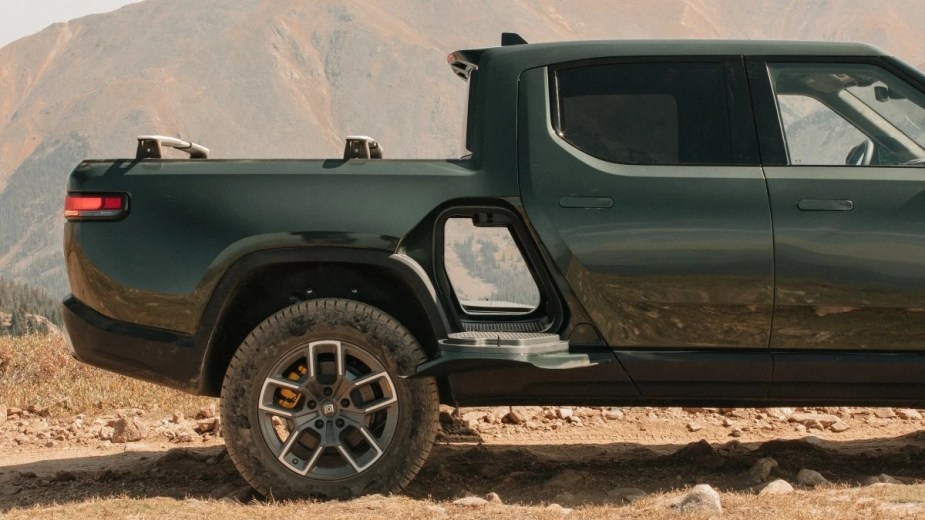 Gear tunnel in the 2022 Rivian R1T electric pickup truck, highlighting its off-road assistance plan