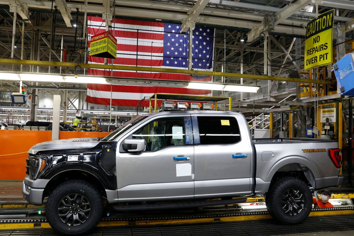 The 40 millionth Ford F-150 in silver at the manufacturing plant in Michigan. 