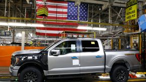 The 40 millionth Ford F-150 in silver at the manufacturing plant