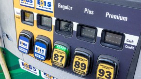 A gas pump showing E85 and E15 fuels