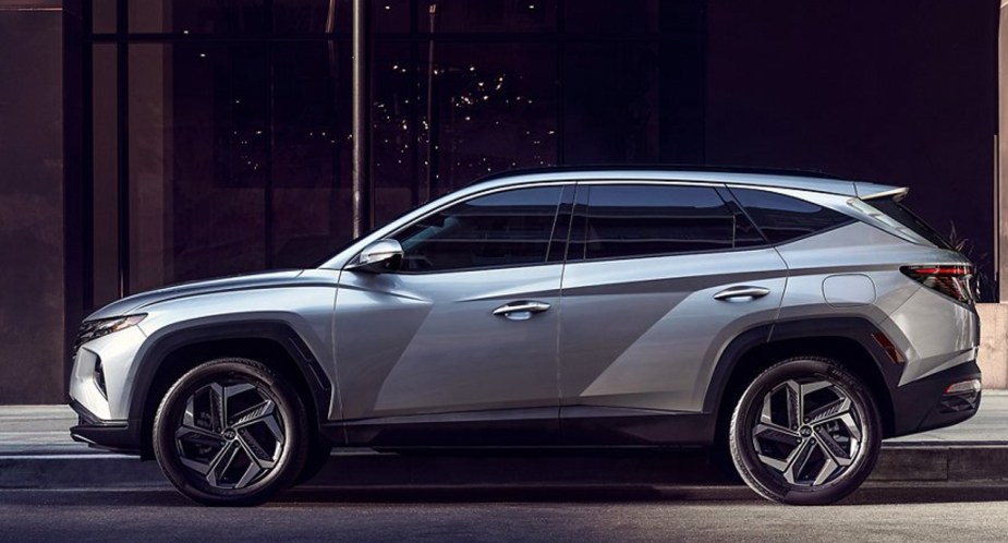 A gray 2022 Hyundai Tucson compact SUV is parked.