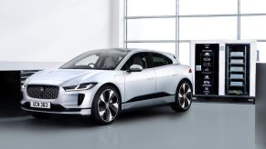 A Jaguar I-Pace luxury electric SUV testing a battery power energy storage unit
