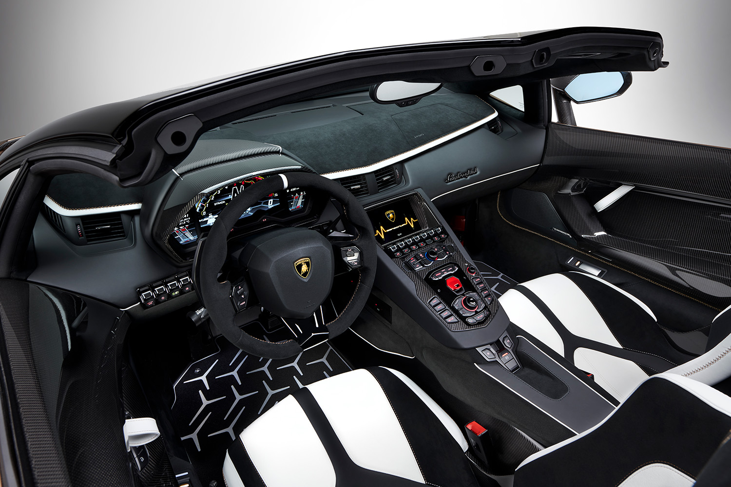 Lamborghini Aventador SVJ Roadster Covnertible black Interior with white inserts