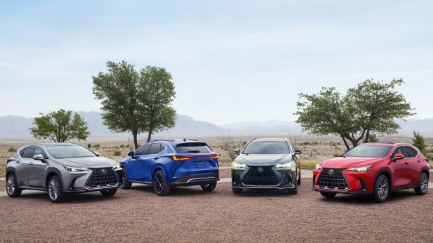 four Lexus NX SUVs in various colors