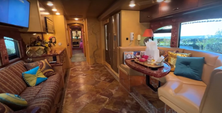 Lounge area in Dolly Parton's custom tour bus at Suite 1986 Dollywood's DreamMore Resort in Tennessee