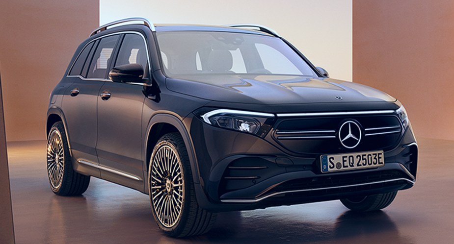 A blue 2022 Mercedes-Benz EQB luxury compact SUV is parked. 