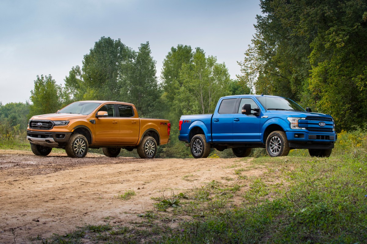 A Ford Ranger and a Ford F-150 with factory-installed leveling kits