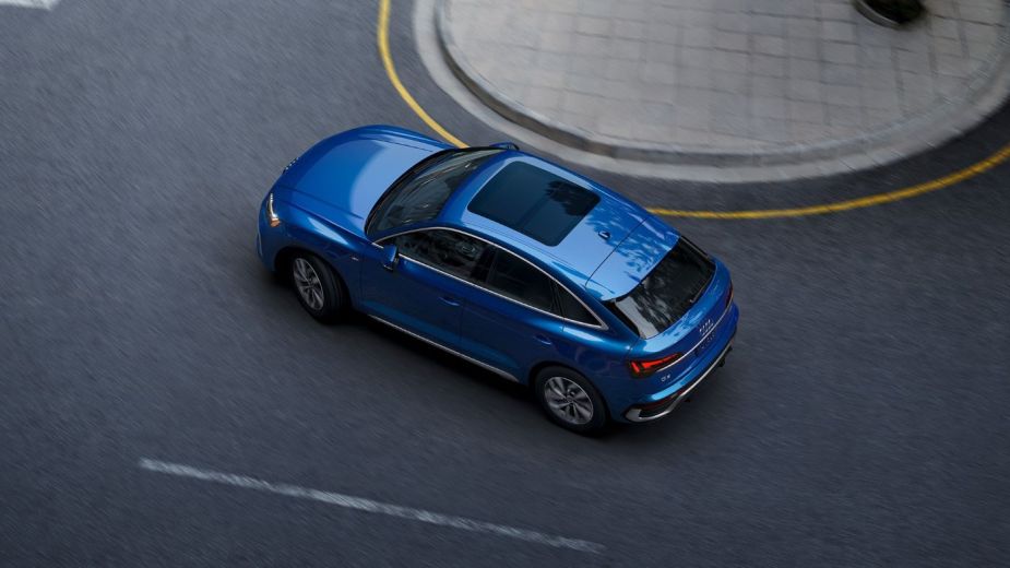 Overhead view of blue 2023 Audi Q5 Sportback, highlighting its release date and price
