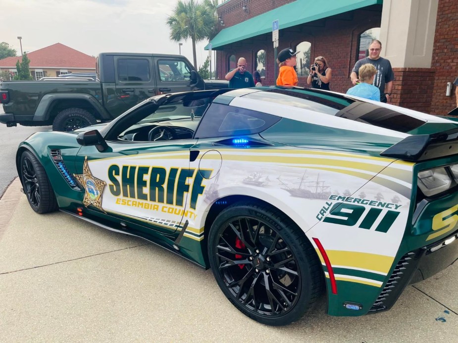 Rear angle view of seized 2017 Chevy Corvette Z06 wrapped in police decals