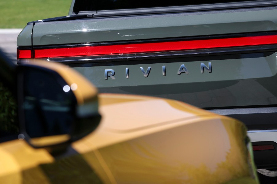 Rivian logo, potentially maker of an e-bike, on the back of the truck.