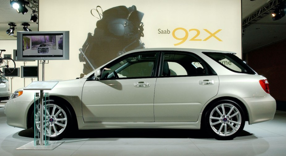 The Saab 9-2X on display at an auto show. 