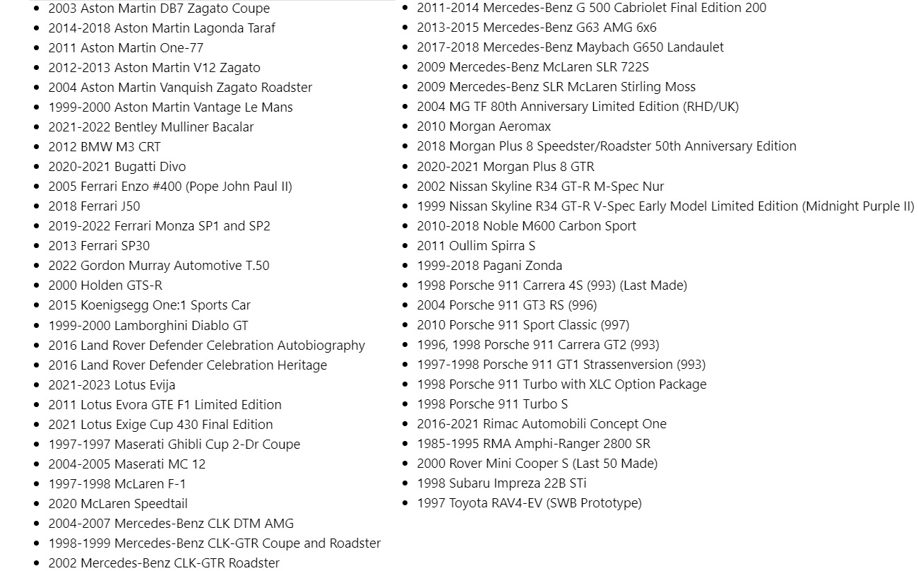 List of all Show and Display legal cars as of July 2022 compiled into an image from NHTSA data