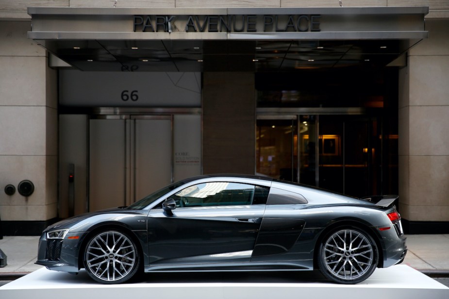 A side view of the 2022 Audi R8 in silver.