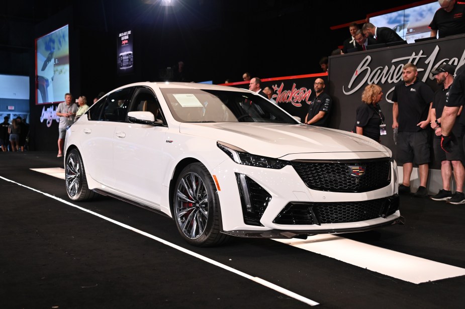 The white first 2023 Cadillac CT5-V Blackwing 120th Anniversary Edition at the 2022 Barrett-Jackson Palm Beach auction