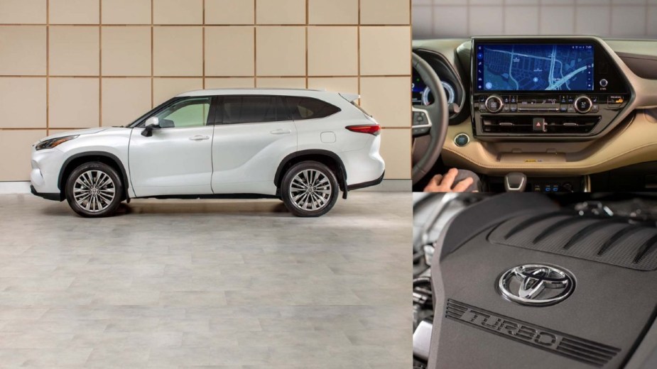Toyota Highlander Trio Photo shows the SUV, the infotainment screen, and the engine