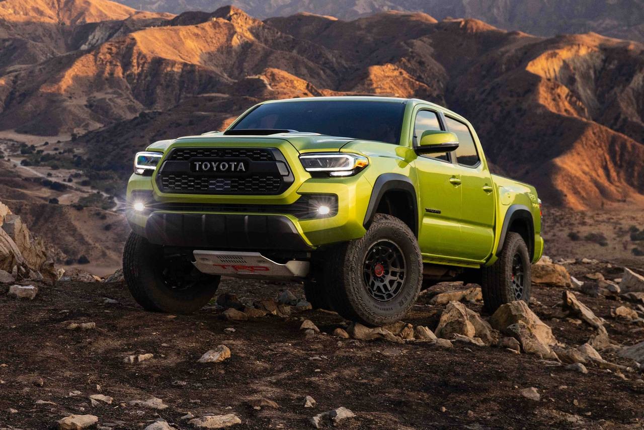Electric Lime Toyota Tacoma TRD Pro Posed on Some rocks