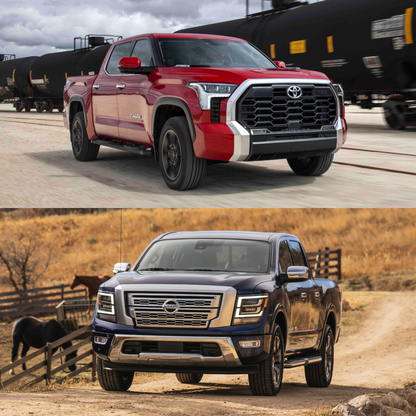 The Toyota Tundra and the Nissan Titan pickup trucks on the road