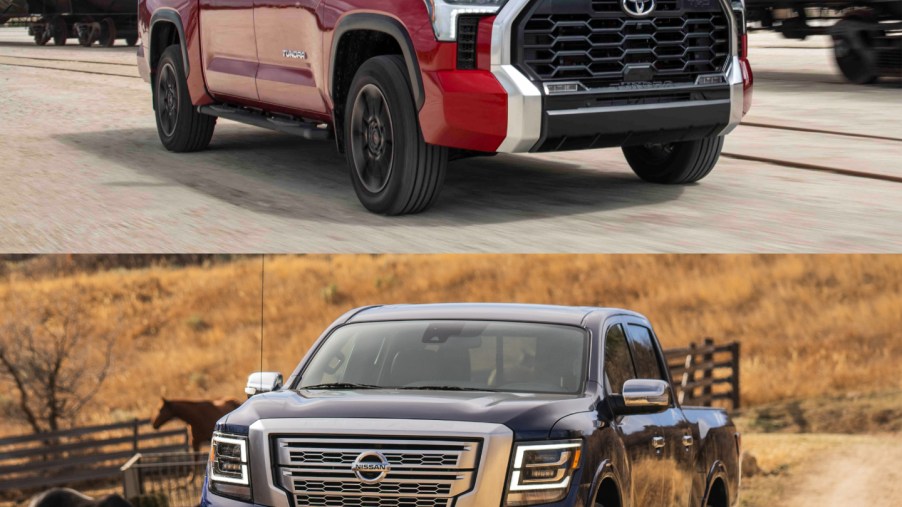 The Toyota Tundra and the Nissan Titan pickup trucks on the road