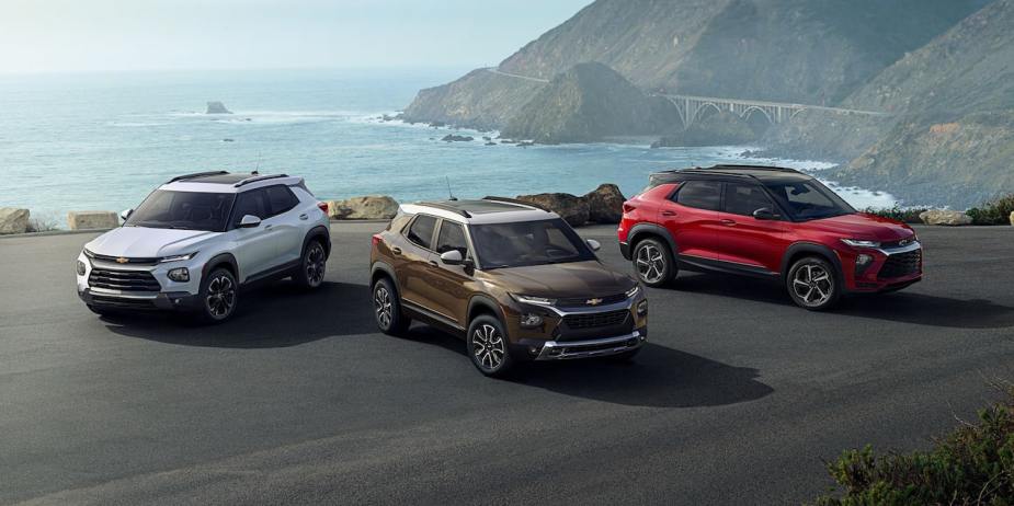A few 2022 Chevy Trailblazer models parked next to each other.  Choosing the best trim is easy with the LT model.
