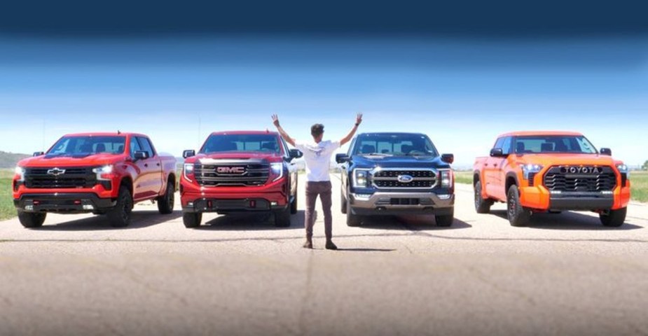 Toyota Tundra, Chevrolet Silverado, GMC Sierra, and Ford F-150 lined up for a drag race