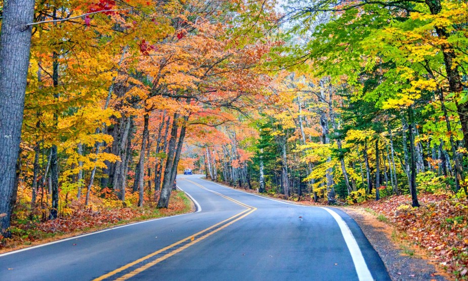 US Highway 41 in Copper Harbor Michigan; pretty fall foliage on a dangerous road