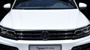 The front view of a white Volkswagen Tiguan R-Line