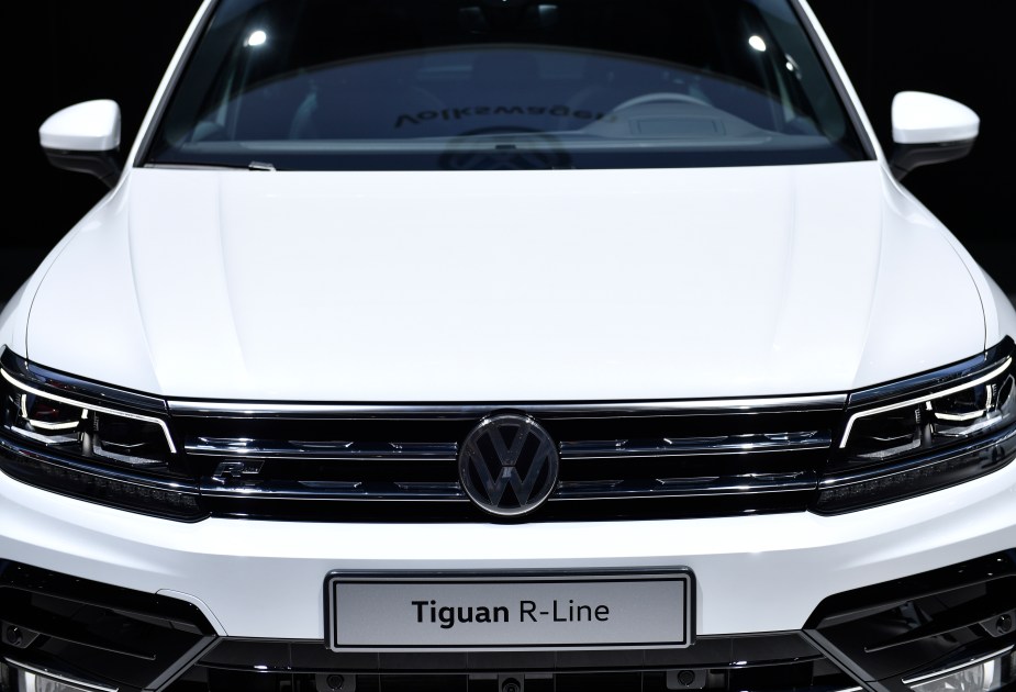 The front view of a white Volkswagen Tiguan R-Line
