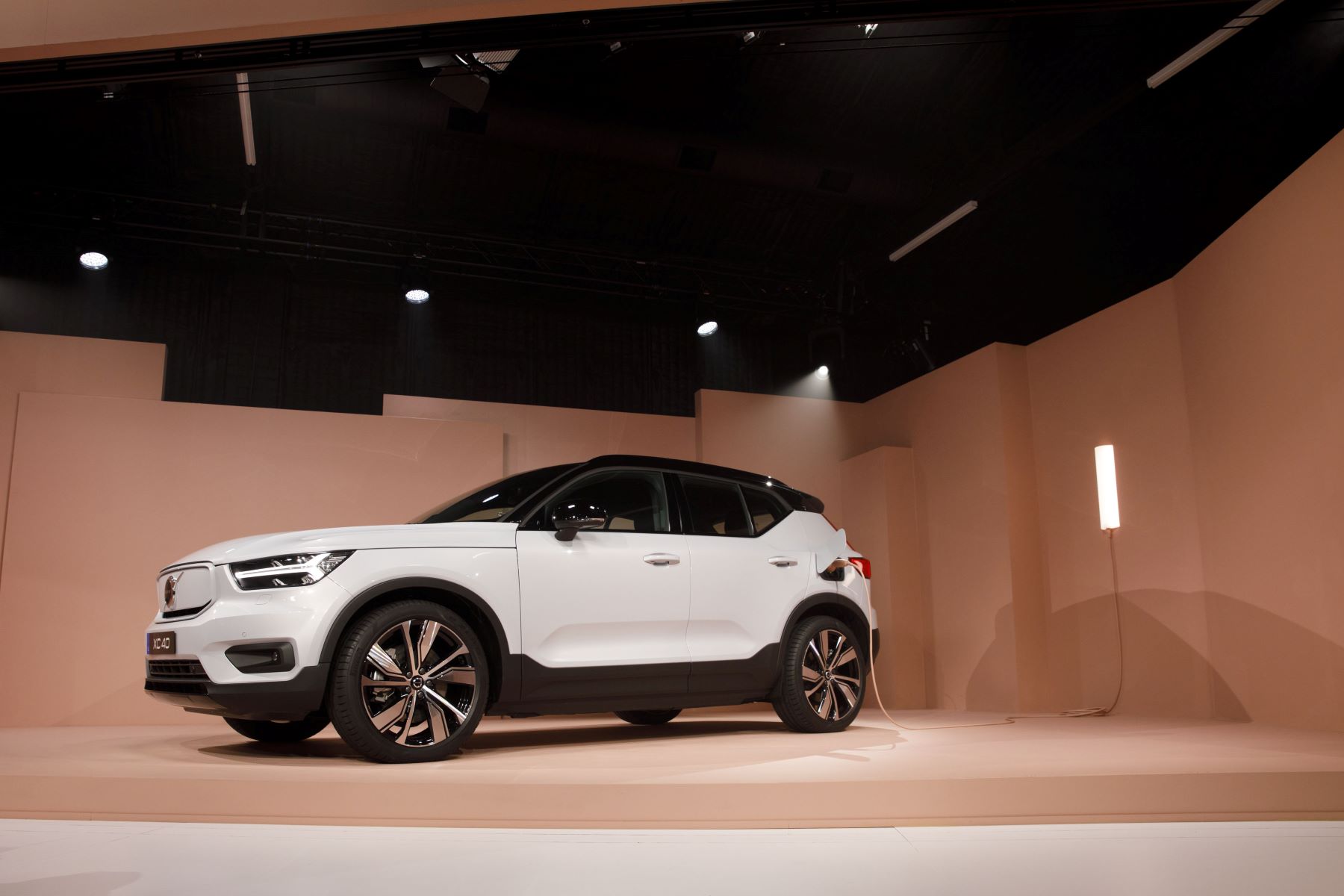 A white Volvo XC40 Recharge electric SUV model unveiled in Los Angeles, California
