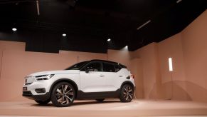 A white Volvo XC40 Recharge electric SUV model unveiled in Los Angeles, California