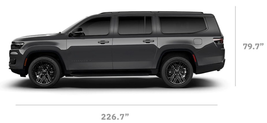 A dark gray 2023 Jeep Wagoneer L against a white background with measurements.
