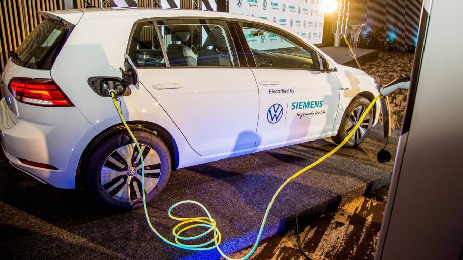 A Volkswagen e-Golf plugged in and charging its battery pack in Kigali, Rwanda