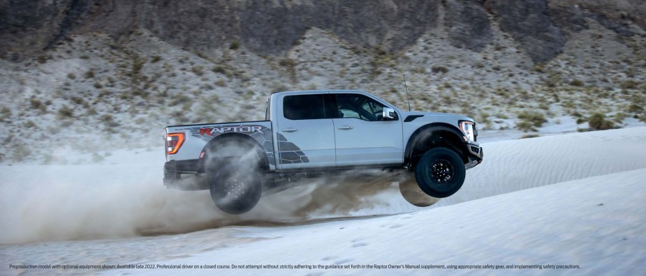 The 2023 Ford F-150 Raptor R jumping in the air 
