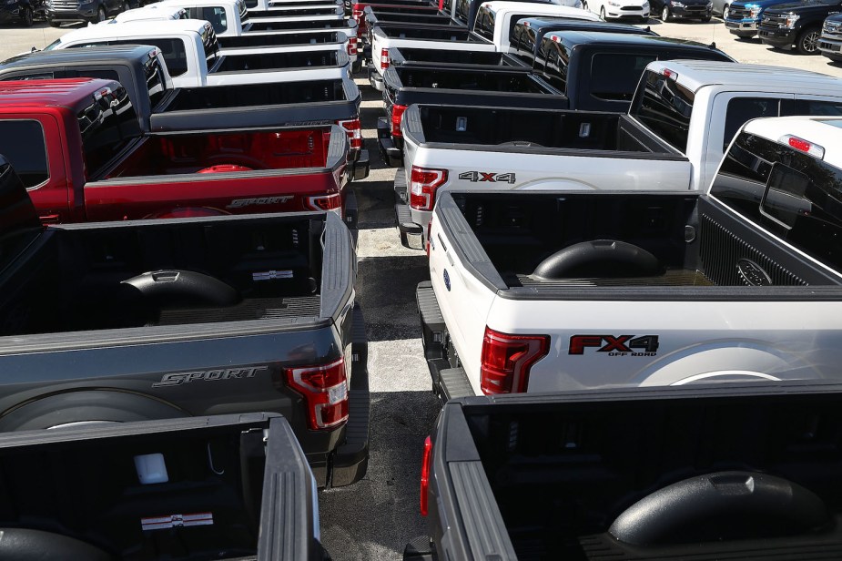 A row of Ford F-150 full-size pickup trucks for sale at a deealership.