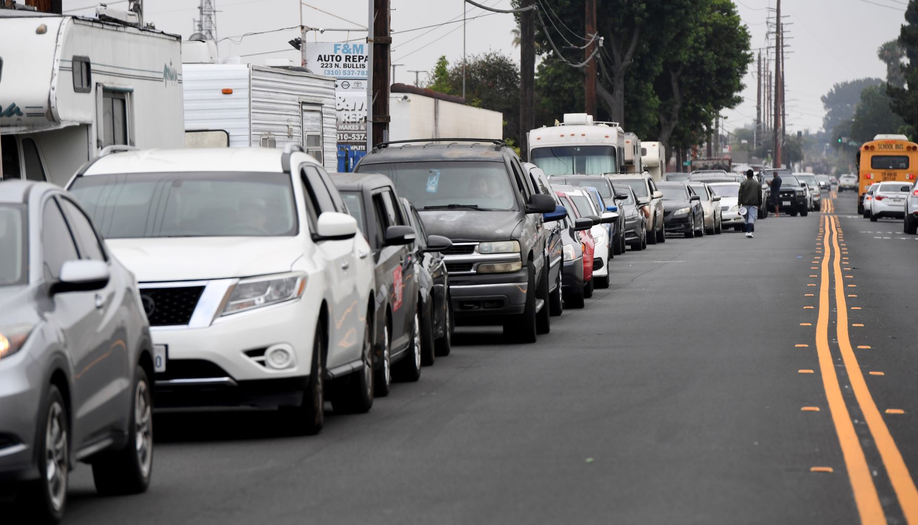 Cars lining up at the ZY Oil gas station for free gas in Compton, California
