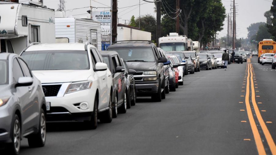 Cars lining up at the ZY Oil gas station for free gas in Compton, California