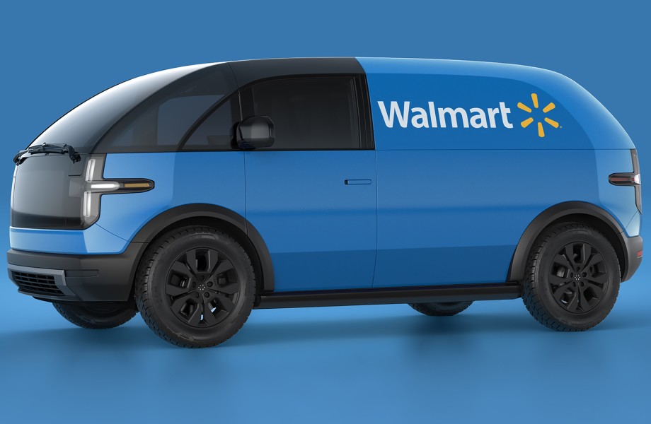A Walmart wrapped Canoo Lifestyle Vehicle