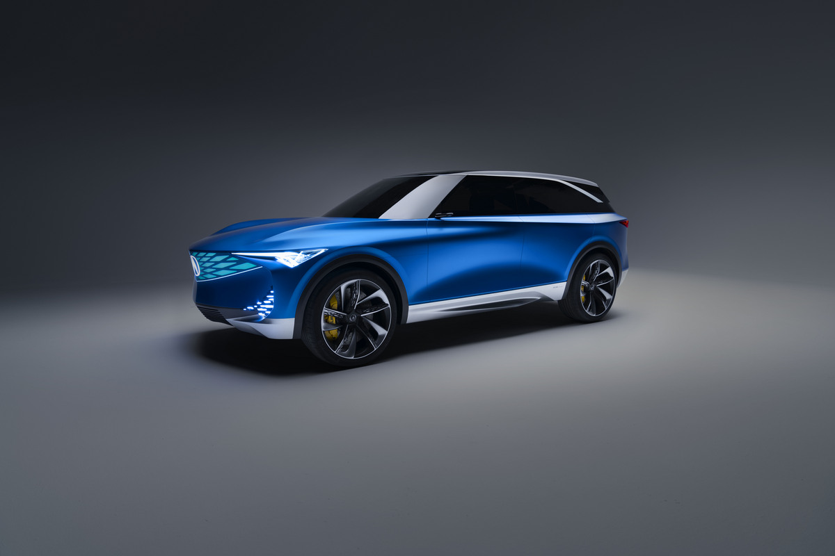 A front view of the Acura Precision EV Concept in blue.