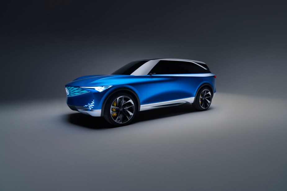 A front view of the Acura Precision EV Concept in blue.
