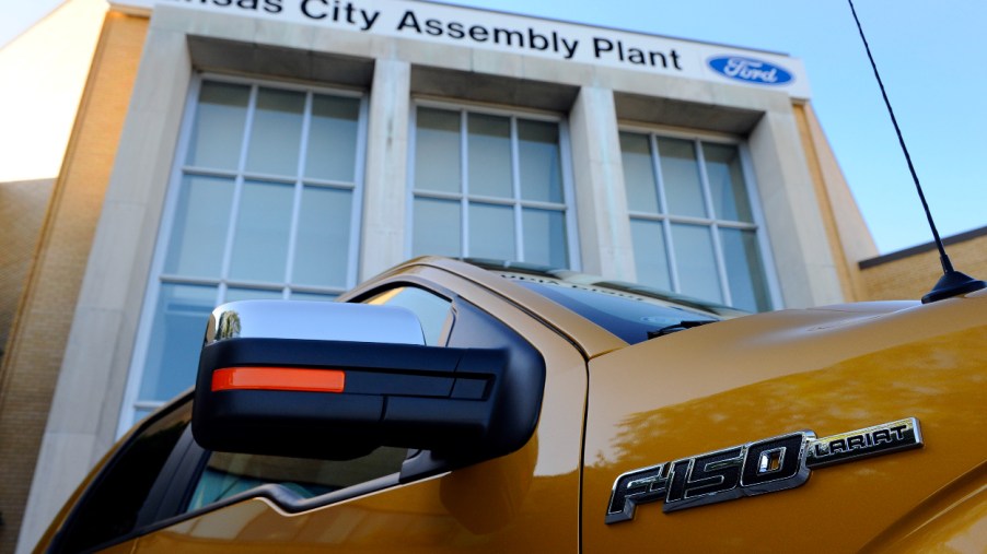 A sideview of the 2009 Ford F-150 sits in-front of Ford's Kansas City Assembly plant